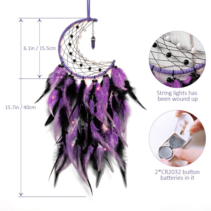 Dremisland Moon Dream Catcher with Fairy Lights-Handmade Colorful Feather Lucky Turquoise Pendant Beads Wall Hanging Ornament for Kids Bedroom Home Decoration Art Craft Gift. (Purple&Black) - Image 5